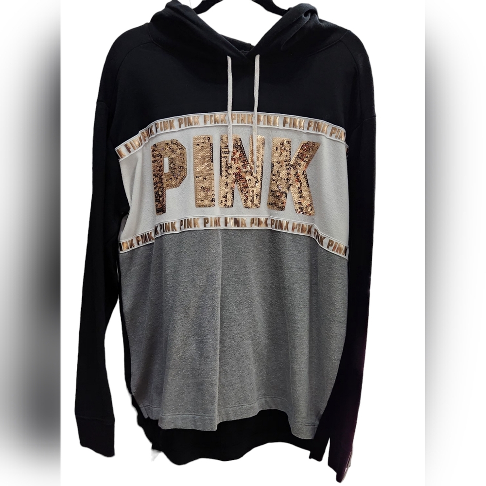 Pink Victoria Secret Black/White/Gray Rose Gold Sequence Hoodie Size Medium